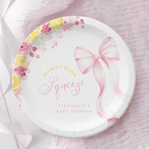 Pink Bow Lemon Baby Shower Paper Plates