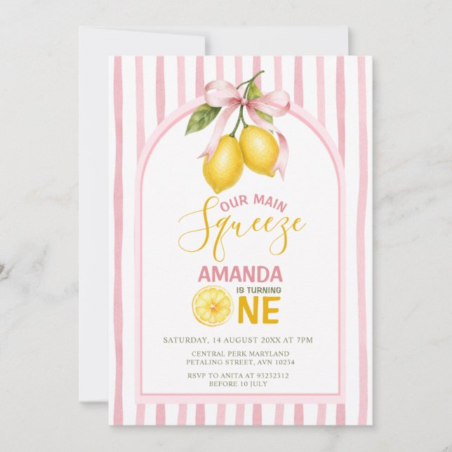 Pink Bow Lemon Sweet One birthday Main Squeeze Invitation (Front)