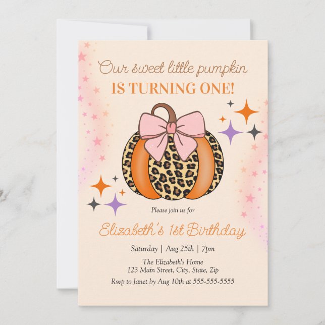 Pink Bow Leopard Little Sweet Pumpkin Birthday Invitation (Front)