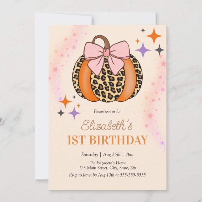 Pink Bow Leopard Pumpkin Girl Halloween Birthday Invitation (Front)