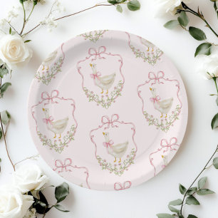 Pink Bow Little Goose floral Crest baby shower Paper Plate