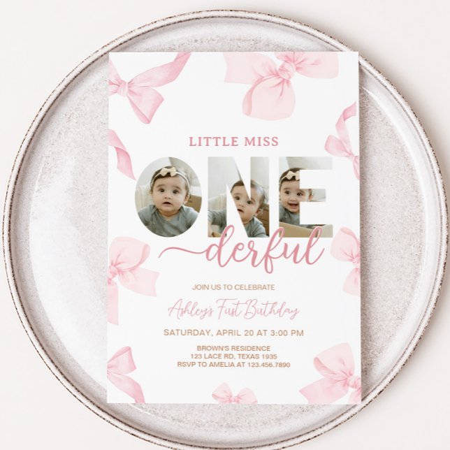 Pink Bow Little Miss Photo Birthday Party Invitation (Pink Little Miss Onederful Photo Birthday Party Invitation)