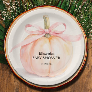 Pink Bow Little Pumpkin Baby Shower Paper Plate