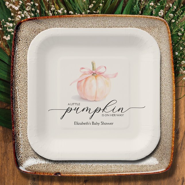 Pink Bow Little Pumpkin Baby Shower Paper Plate (Pink Bow Little Pumpkin Girl Baby Shower Square Paper Plates)