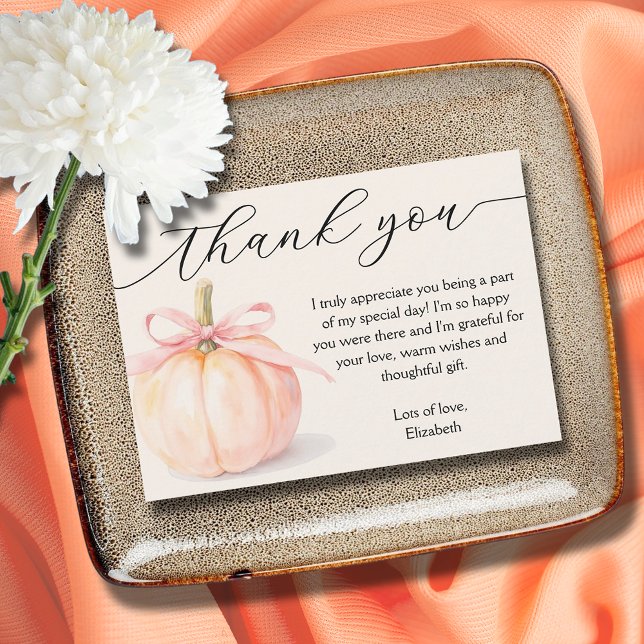 Pink Bow Little Pumpkin Baby Shower Thank You Card (Pink ribbon and bow little pumpkin girl baby shower flat thank you note cards)
