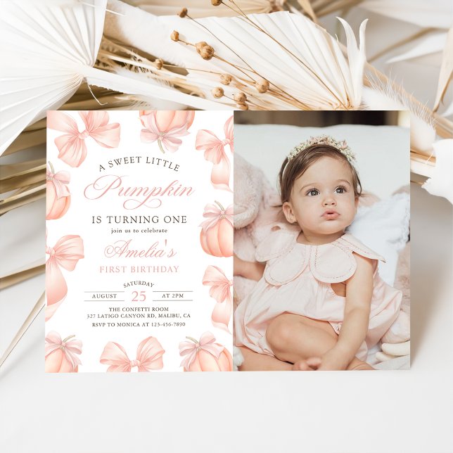 Pink Bow Little Pumpkin Birthday Photo Invitation (Creator Uploaded)
