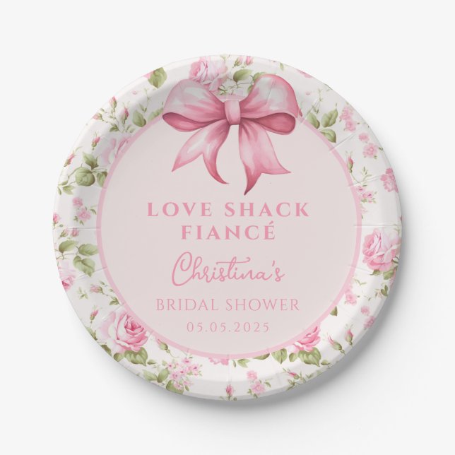 Pink Bow Love Shack Fiance Bridal Shower Paper Plate (Front)