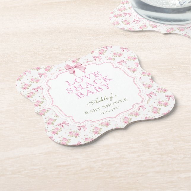 Pink Bow Love Shack Girl Baby Shower Paper Coaster (Angled)