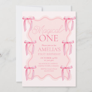 Pink Bow Magical One Birthday Party  Invitation
