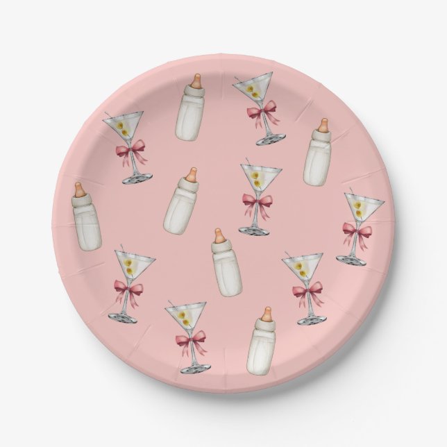 Pink Bow Martinis Baby Bottles Baby Shower Paper Plate (Front)