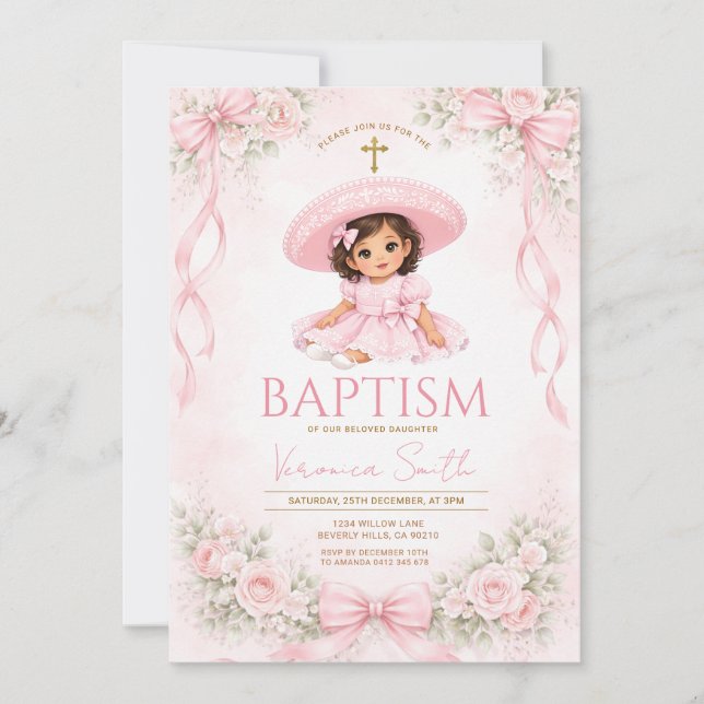 Pink Bow Mexican Baptism Charra Invitation (Front)