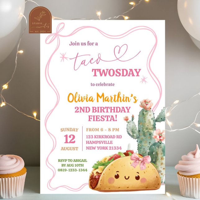 Pink Bow Mexican Taco Twosday 2nd Birthday Girl Invitation (Creator Uploaded)