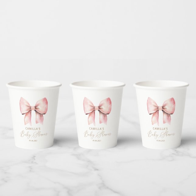 Pink Bow Minimalist Girl Baby Shower  Paper Cups (Multi)