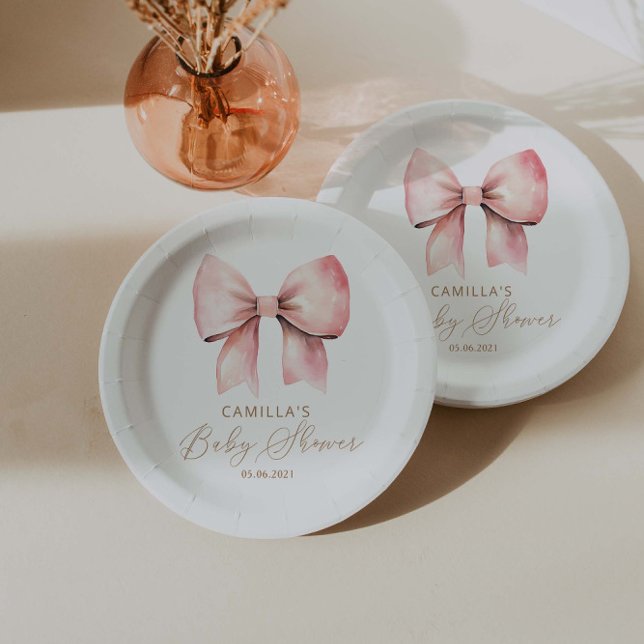 Pink Bow Minimalist Girl Baby Shower Paper Plate (Creator Uploaded)