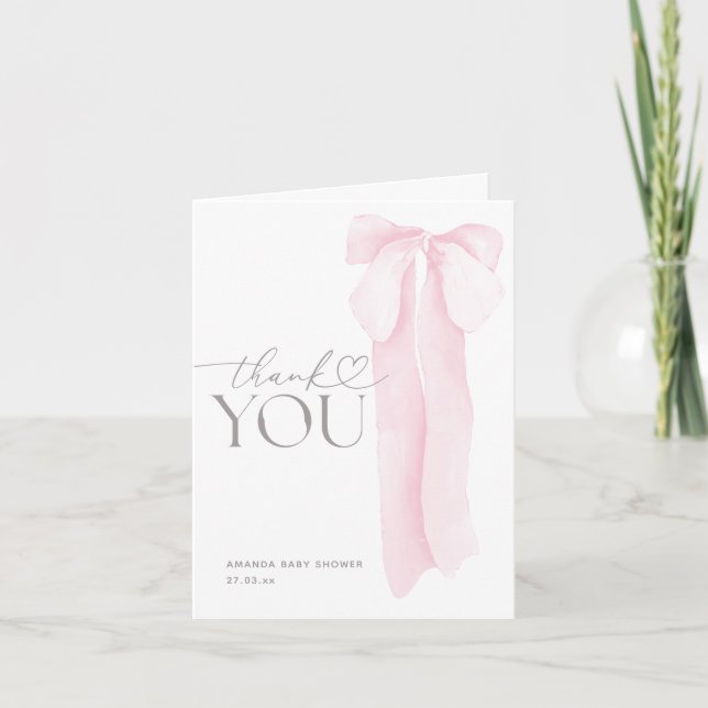 Pink Bow Minimalist Girl Baby Shower Thank You Card (Front)