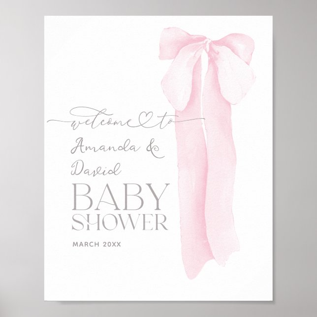 Pink Bow Minimalist Girl Baby Shower Welcome Poster (Front)