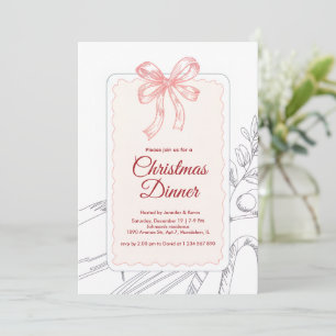 Pink Bow Minimalist Line Art Christmas Dinner Holiday Card