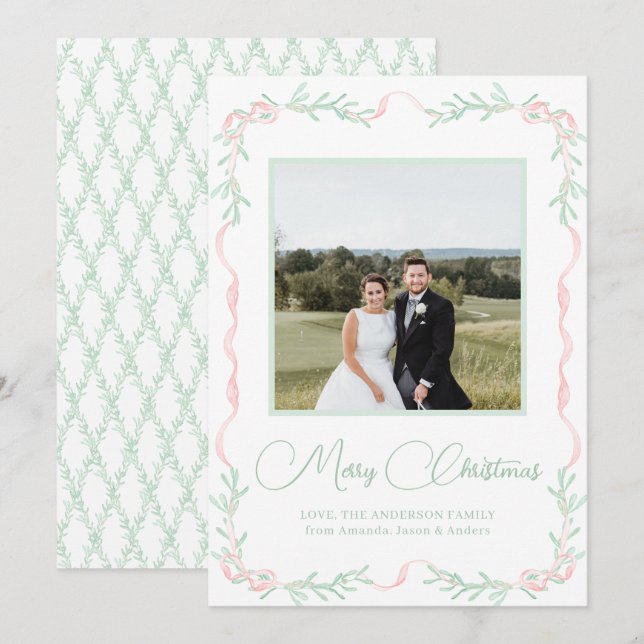 Pink Bow Mistletoe Greenery Christmas Photo  Holiday Card (Front/Back)