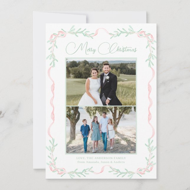 Pink Bow Mistletoe Greenery Christmas Two Photos Holiday Card (Front)