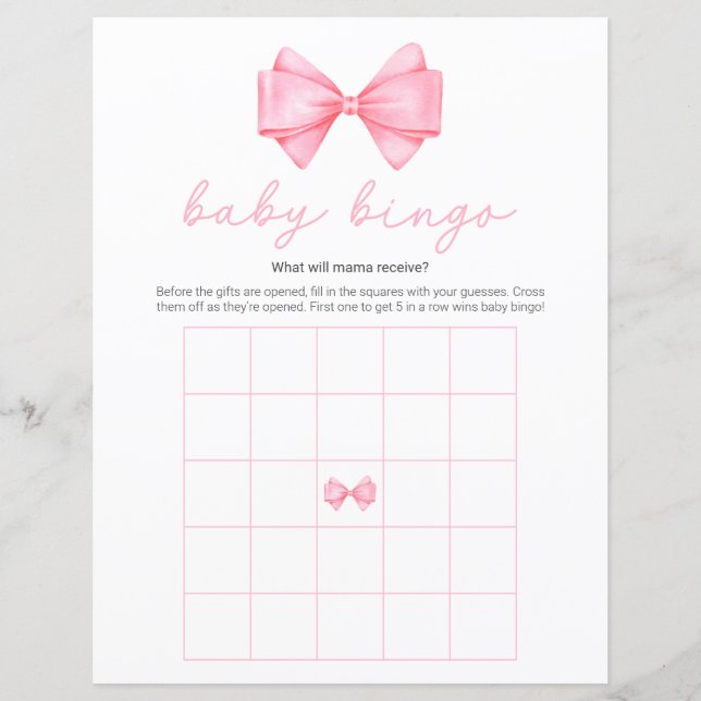 Pink Bow Modern Baby Shower Bingo Game (Front)
