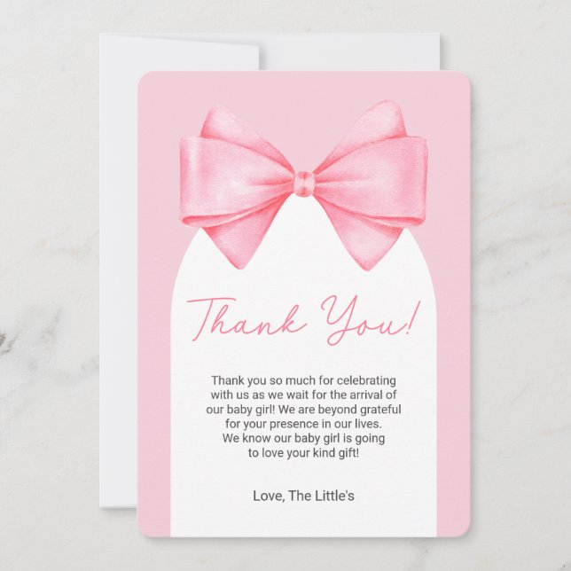 Pink Bow Modern Baby Shower Thank You Card (Front)