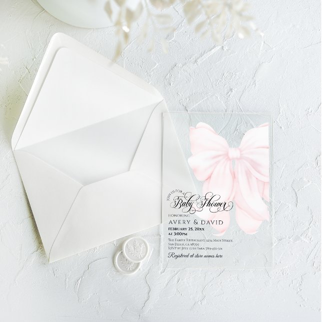 Pink Bow Modern Elegant Girl Baby Shower Acrylic Invitations (Creator Uploaded)