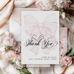 Pink Bow Modern Elegant Girl Baby Shower Thank You Card