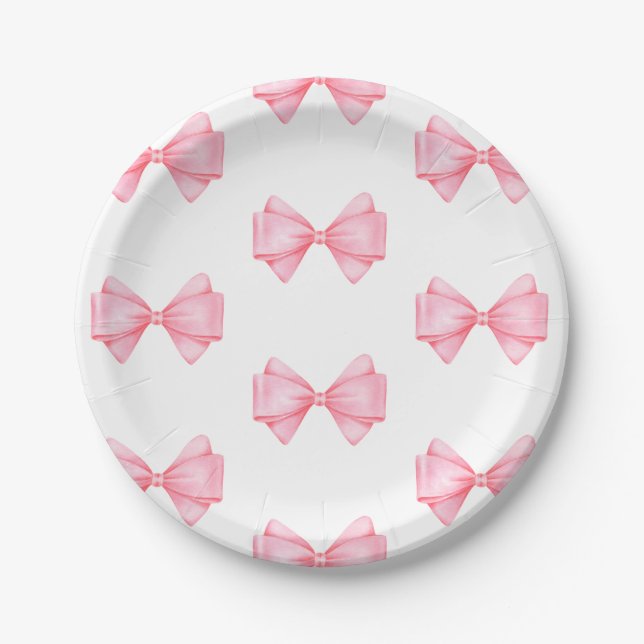 Pink Bow Modern Girl Baby Shower Paper Plate (Front)