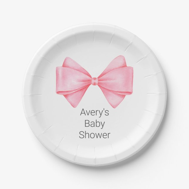 Pink Bow Modern Girl Baby Shower Paper Plate (Front)