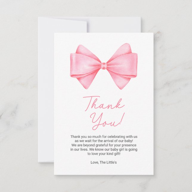 Pink Bow Modern Girl Baby Shower Thank You Card (Front)