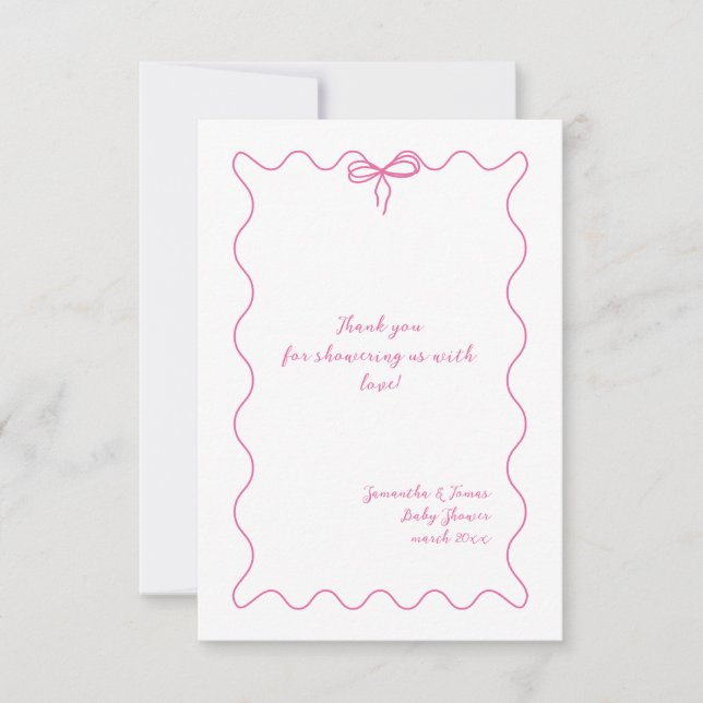 Pink Bow Modern Minimalist Girl Baby Shower Thank You Card (Front)