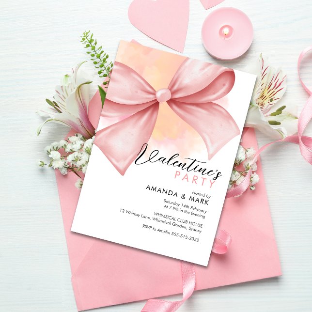 Pink bow Modern Valentine's Day Party invitation (Creator Uploaded)