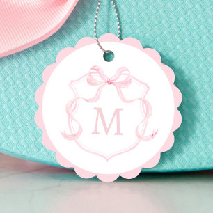 Pink Bow Monogram Crest Baby Shower Favour Tags