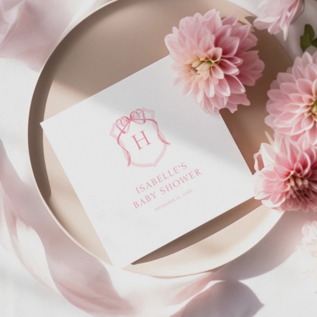 Pink Bow Monogram Crest Baby Shower Napkin (Creator Uploaded)