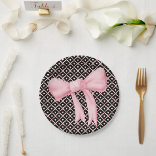Pink Bow Monogram Heart Paper Plate
