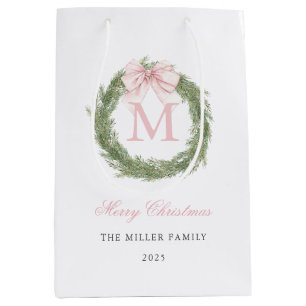 Pink Bow Monogram Wreath Christmas Medium Gift Bag