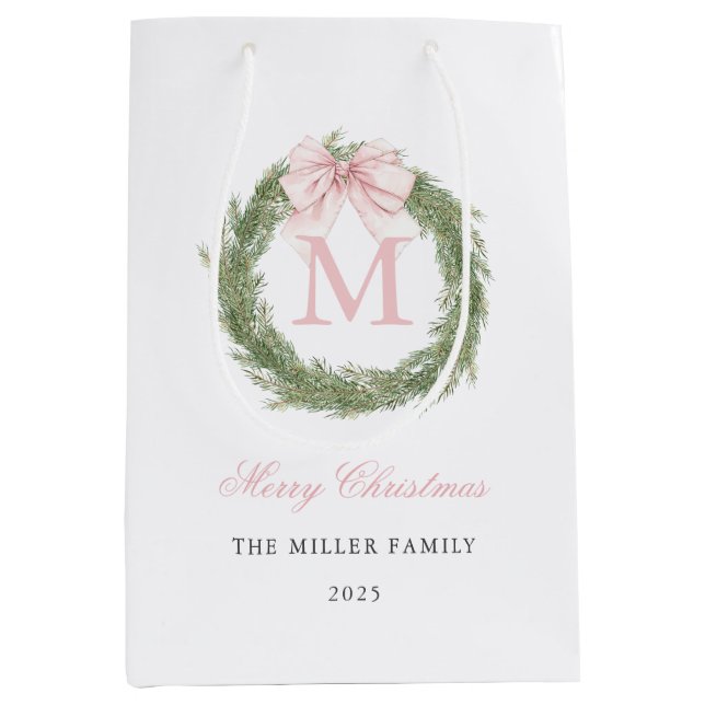 Pink Bow Monogram Wreath Christmas Medium Gift Bag (Front)