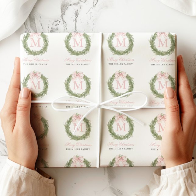 Pink Bow Monogram Wreath Christmas Wrapping Paper (Creator Uploaded)