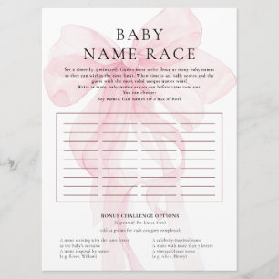 Pink Bow Name Race Game Card Baby Shower 