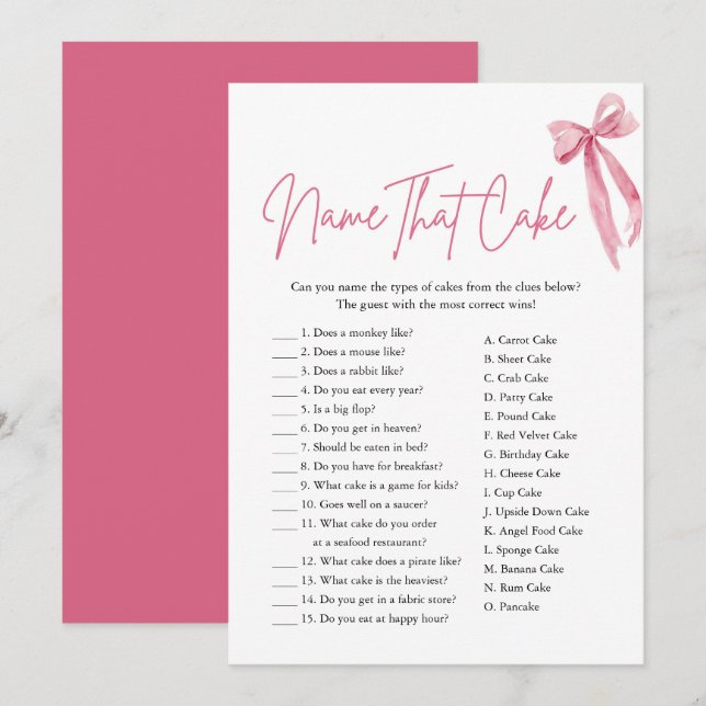 Pink Bow Name That Cake Bridal Shower Game Invitation (Front/Back)