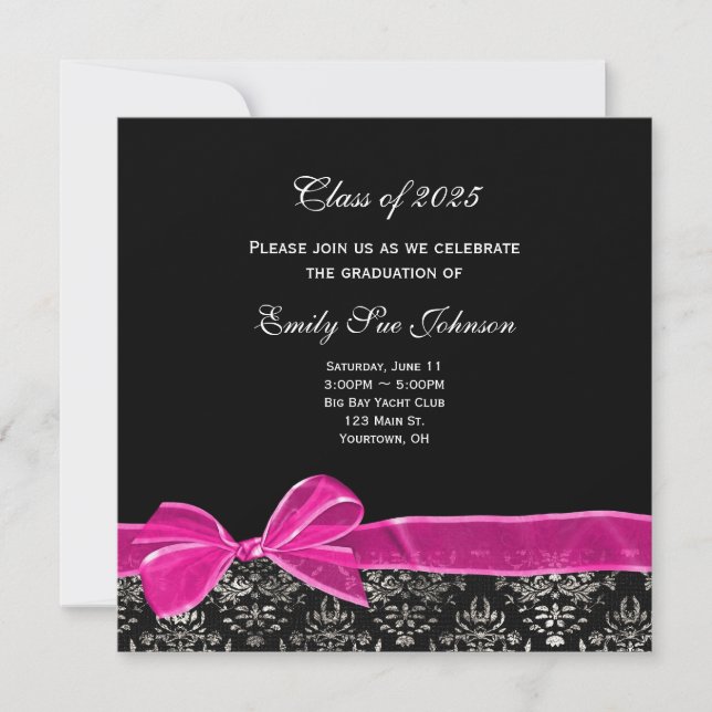 Pink Bow on Damask for Graduation Invitation (Front)