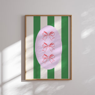Pink Bow on Green Stripe Pattern Wall Art Print
