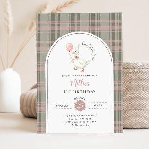 Pink Bow One Little Goose Baby 1st Birthday Party Invitation