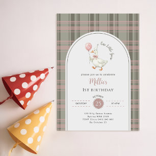Pink Bow One Little Goose Baby 1st Birthday Party Invitation