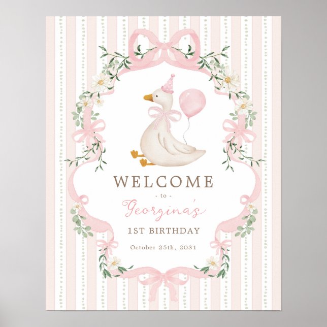 Pink Bow One Silly Goose 1st Birthday Welcome Poster (Front)
