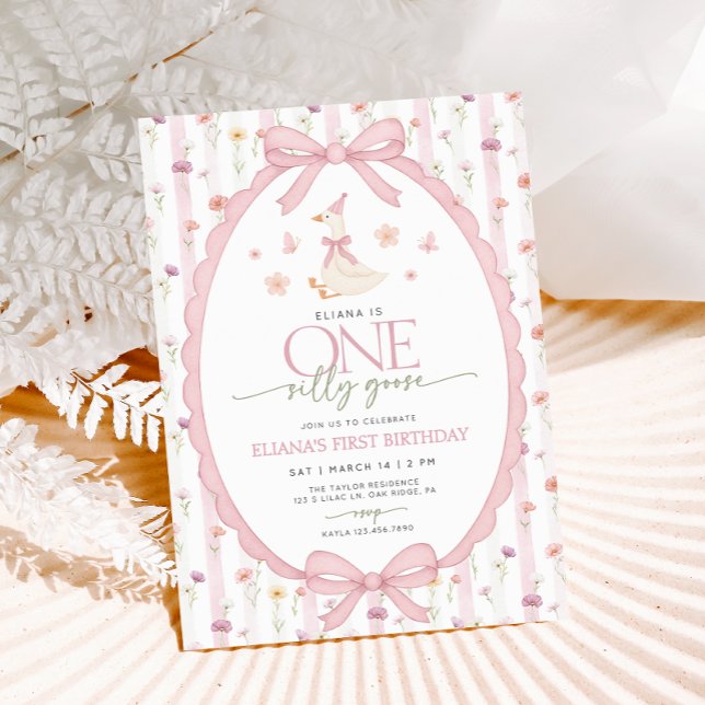 Pink Bow One Silly Goose Floral 1st Birthday Invitation (Creator Uploaded)