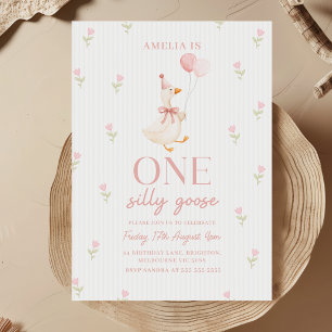Pink Bow One Silly Goose Floral 1st Birthday Invitation