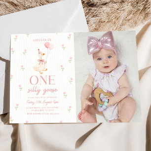Pink Bow One Silly Goose Floral 1st Birthday Photo Invitation