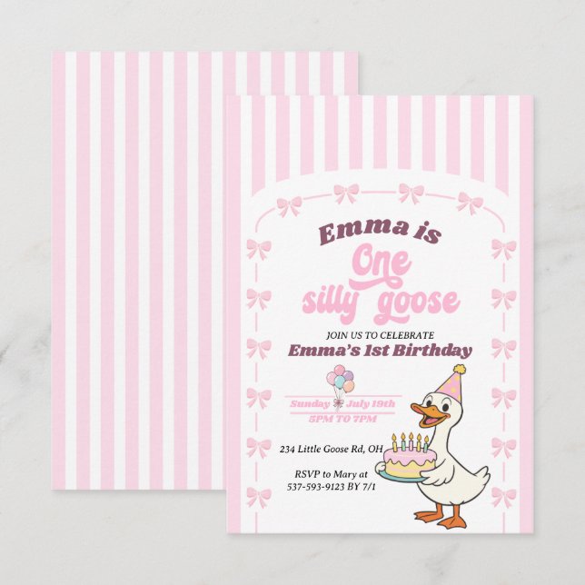 Pink Bow One Silly Goose Girl 1st Birthday Party  (Front/Back)