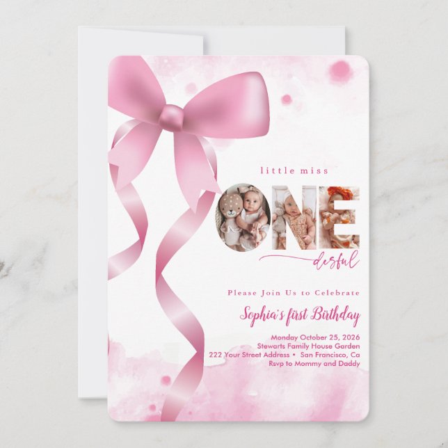 Pink Bow Onederful Baby Girl Photo 1st Birthday Invitation (Front)